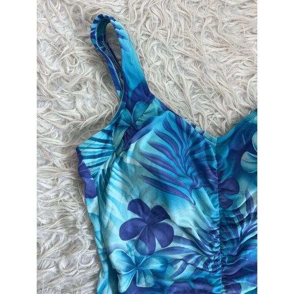 Maxine Womens Vintage Blue Tropical Floral Shirred Front One Piece Swimsuit 16 - Picture 13 of 14